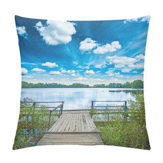 Personality  Beautiful View From Vintage Wooden Pier On Big Lake In Forest Bl Pillow Covers