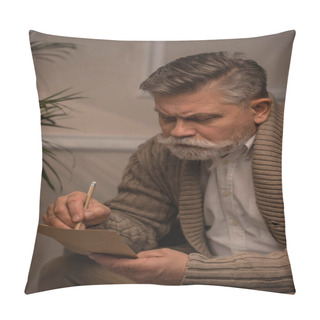 Personality  Thoughtful Senior Man In Sweater Writing Letter Pillow Covers