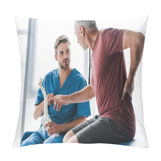 Personality  Selective Focus Of Doctor Holding Spine Model And Looking At Patient Gesturing While Touching Back  Pillow Covers