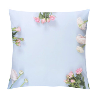 Personality  Flowers Background. Bouquet Frame Of Pale Pink Ranunculus And Roses Flowers On Pale Blue Background. Pillow Covers