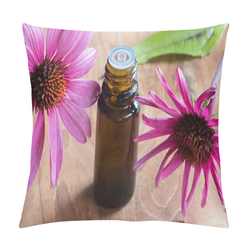 Personality  A bottle of echinacea essential oil with fresh echinacea flowers pillow covers