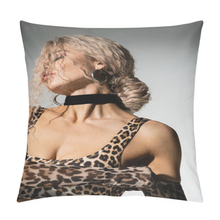 Personality  Passionate Woman With Wavy Ash Blonde Hair, Wearing Leopard Print Crop Top And Long Gloves, Posing With Closed Eyes On Grey Background, Modern Individuality, Sexy Fashion Photography Pillow Covers