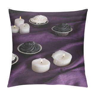 Personality  Tasty Halloween Cupcakes Near Burning Candles On Purple Cloth Pillow Covers
