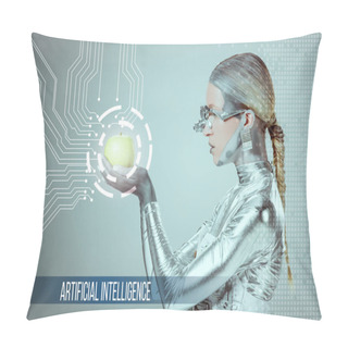 Personality  Side View Of Cyborg Holding And Examining Green Apple With Digital Data Isolated On Grey With 