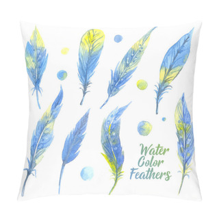 Personality  Watercolor Blue Feather Set. Hand Drawn  Illustration Pillow Covers