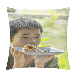 Personality  Pensive Boy Looks At Fish Bone Eaten Clearly On Plate Pillow Covers