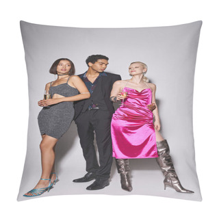 Personality  African American Man Posing With Two Multiethnic Women In Dresses With Champagne On New Year Party Pillow Covers