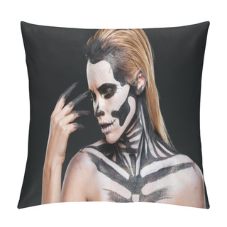 Personality  Portrait Of Woman With Blonde Hair And Halloween Skeleton Makeup Pillow Covers