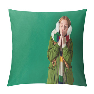 Personality  Preteen Girl In Ear Muffs, Striped Scarf And Winter Outfit Warming Up Hands On Turquoise Backdrop Pillow Covers