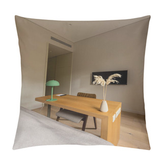Personality  Wooden Desk And Chair Near Tv Flat Screen On Wall In Hotel Room  Pillow Covers