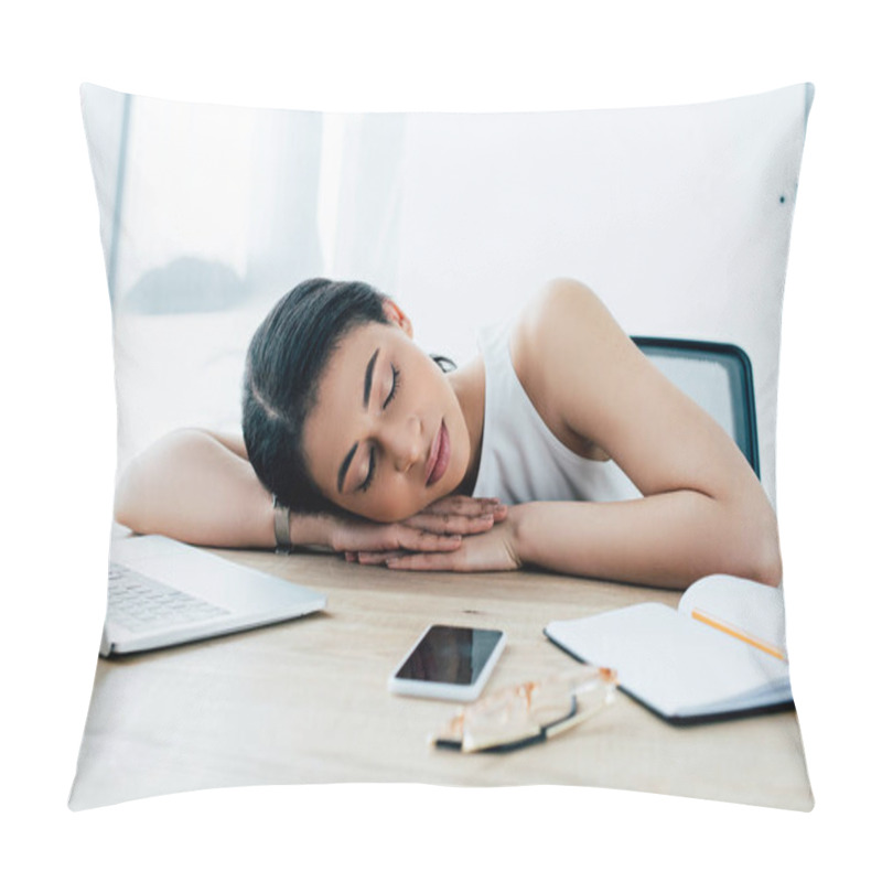 Personality  Exhausted Latin Businesswoman Sleeping At Workplace Near Notebook And Smartphone With Blank Screen Pillow Covers
