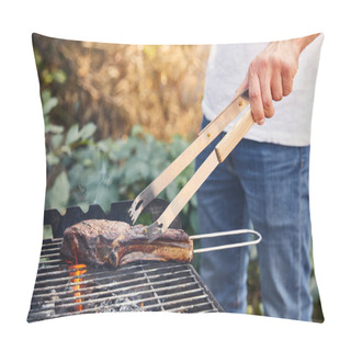 Personality  Cropped View Of Man With Tweezers Grilling Meat On Barbecue Grid  Pillow Covers