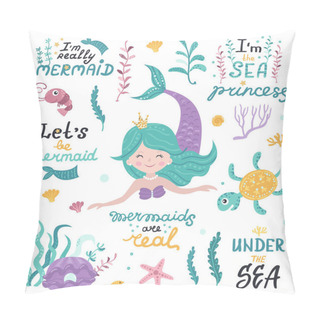 Personality  Set Of Mermaid, Sea Animals And Lettering Pillow Covers