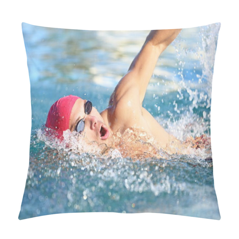 Personality  Man swimmer swimming crawl in blue water pillow covers