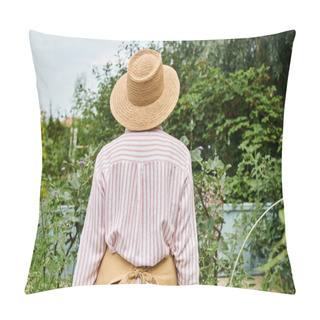 Personality  Back View Of Mature Woman In Straw Beautiful Hat Posing In Her Lively Garden While Working There Pillow Covers