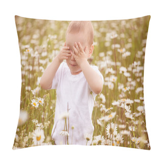 Personality  Portrait  Baby Toddler Sitting In Rural Field With Flowers And Sneezing From Seasonal Pollen Allergy Pillow Covers