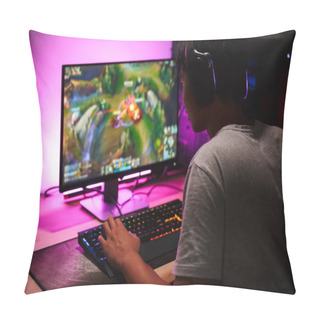 Personality  Photo Of Teenage Gamer Boy Playing Video Games On Computer In Dark Room Wearing Headphones And Using Backlit Colorful Keyboard Pillow Covers