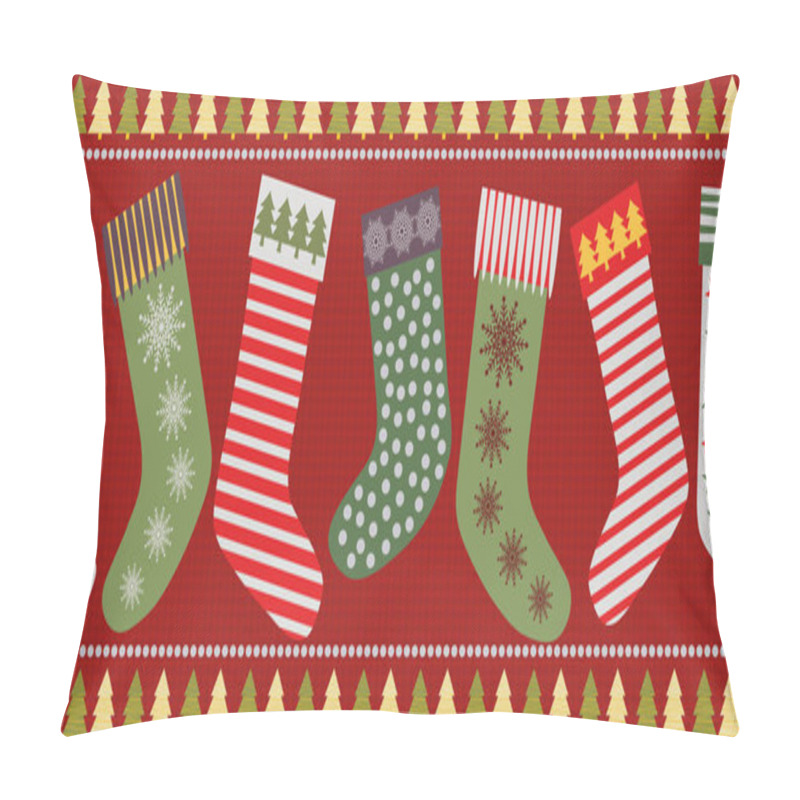 Personality  Funky Christmas stocking border design in traditional colors. Seamless vector pattern on textured red background. Great for festive products, giftwrap, scrapbooking, stationery, fabric trim, ribbons pillow covers