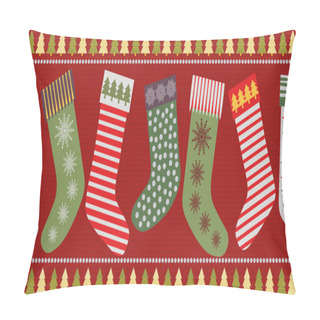 Personality  Funky Christmas Stocking Border Design In Traditional Colors. Seamless Vector Pattern On Textured Red Background. Great For Festive Products, Giftwrap, Scrapbooking, Stationery, Fabric Trim, Ribbons Pillow Covers