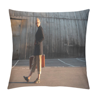Personality  Elegant Girl Holding Retro Suitcase On Urban Parking Pillow Covers