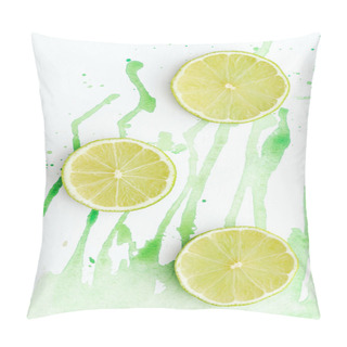 Personality  Elevated View Of Three Pieces Of Ripe Limes On White Surface With Green Watercolor Pillow Covers
