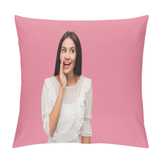 Personality  Cheerful Woman Touching Face While Gossiping Isolated On Pink  Pillow Covers