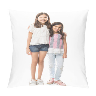 Personality  Cute Sisters Smiling And Hugging Each Other While Looking At Camera Against White Background Pillow Covers