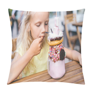 Personality  Selective Focus Of Little Adorable Child Eating Delicious Dessert At Table In Cafe Pillow Covers