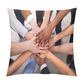 Personality  High Angle View Of Multiracial Friend Stacking Hand Together Pillow Covers