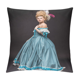 Personality  Attractive Victorian Woman In Wig Standing In Blue Dress On Black  Pillow Covers