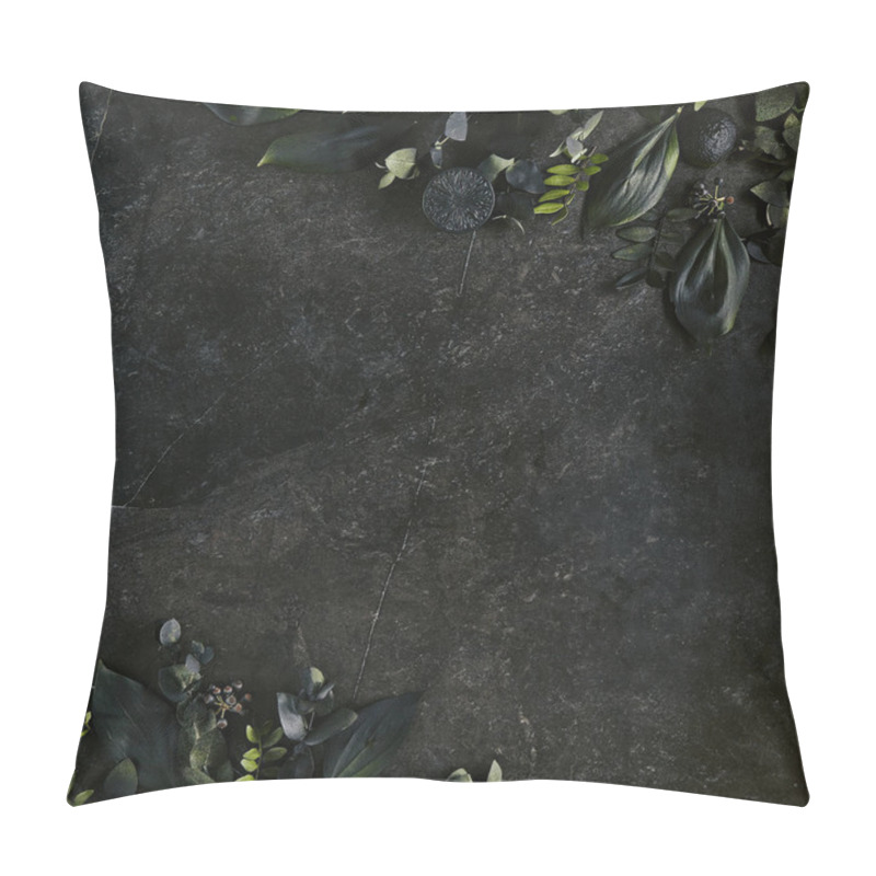 Personality  Dark green tropical leaves mockup on natural black stone backgro pillow covers