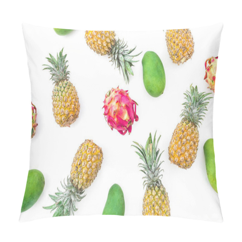 Personality  Food frame with pineapple, mango and dragon fruits on white background. Flat lay, top view. Food background pillow covers