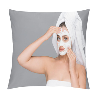 Personality  Woman With Towel On Head Rinsing Clay Mask Off Face With Cotton Pads Isolated On Grey Pillow Covers