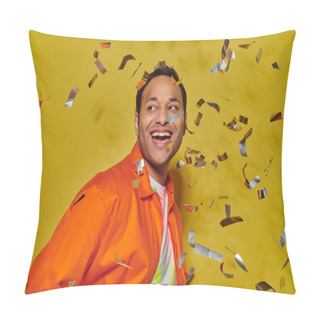 Personality  Cheerful Indian Man In Bright Orange Jacket Smiling Near Falling Confetti On Yellow Backdrop Pillow Covers