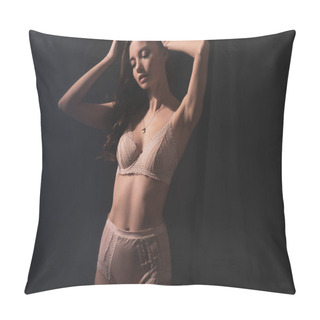 Personality  Sensual Young Woman In Lingerie Posing With Closed Eyes On Black Background  Pillow Covers