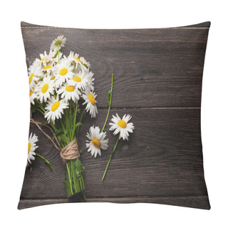 Personality  Garden Camomile Flowers Bouquet On Wooden Table. Top View Flat Lay With Copy Space Pillow Covers