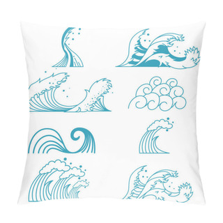 Personality  Ocean Storm Waves Vector Set Of Line Flat Icons Isolated On White Background. Pillow Covers