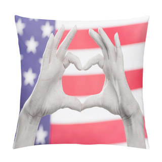 Personality  Cropped View Of Female Hands Painted In White Showing Heard-shaped Sign Near Flag Of America Pillow Covers
