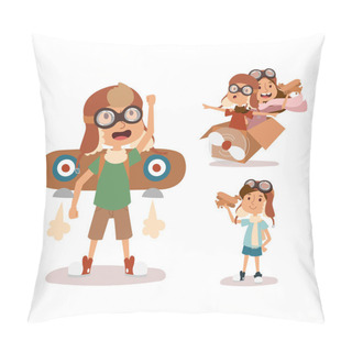 Personality  Cartoon Vector Kids Playing Pilot Aviation Character. Pillow Covers