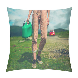 Personality  A Young Woman Is Walking In Ther Wilderness With A Can Of Gas Pillow Covers