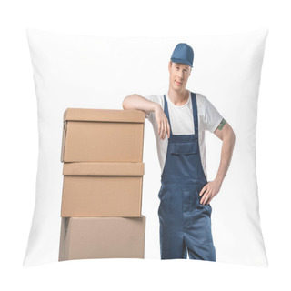 Personality  Handsome Mover In Uniform With Cardboard Boxes Looking At Camera Isolated On White Pillow Covers