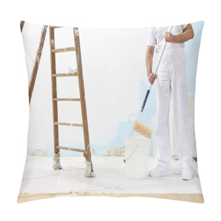 Personality  Painter Man At Work Takes The Color With Paint Roller From Bucket Pillow Covers