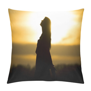 Personality  Twilight Silhouette By Beautiful Sunny Young Woman In Summer Pillow Covers