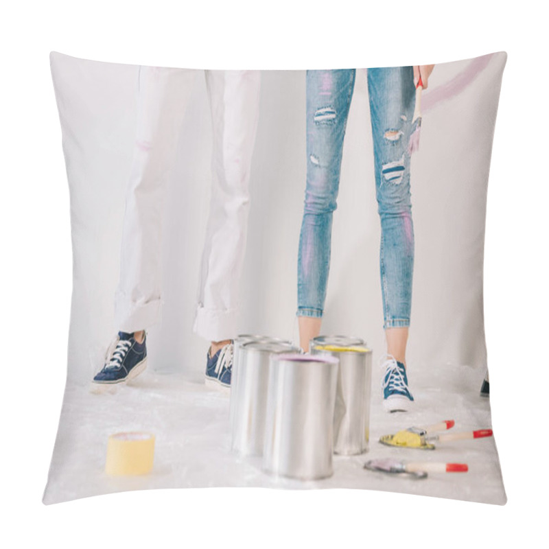 Personality  Cropped View Of Man And Woman Standing By White Wall Near Cans With Paint Pillow Covers