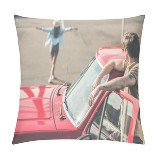 Personality  Man In Car Looking At Woman Pillow Covers