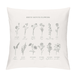 Personality  Hand Drawn Birth Flowers, Birth Month, Mother S Day, Birth Announcement, Baby Gift, T-shirt Design, Print. Pillow Covers