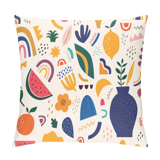 Personality  Spring Seamless Pattern. Cute Spring Pattern With Fruits And Abstract Elements. Decorative Abstract Illustration With Colorful Doodles. Hand-drawn Modern Illustration With Flowers, Abstract Elements Pillow Covers