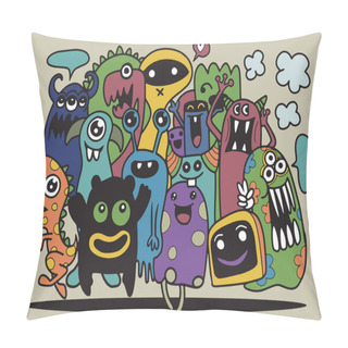 Personality  Cute Monster Set, Hand Drawing Cute Doodle Monster Group,Flat De Pillow Covers
