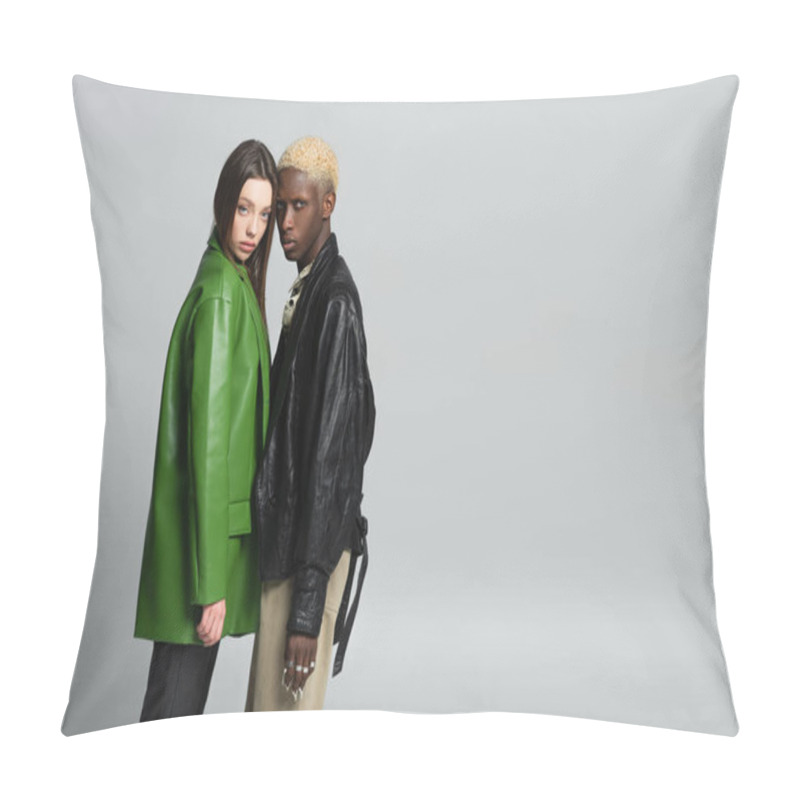 Personality  Young Interracial Couple In Fashionable Clothes Looking At Camera Isolated On Grey Pillow Covers