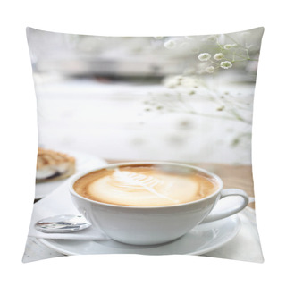 Personality  Coffee With Milk.A Cup Of Hot Coffee With A Beautiful Finish On The Foam. Pillow Covers